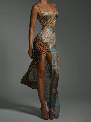 Leopard Patchwork Slit Maxi Dress