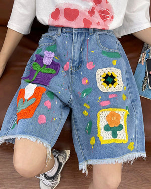 Indie Aesthetic Crochet Flower Denim Shorts