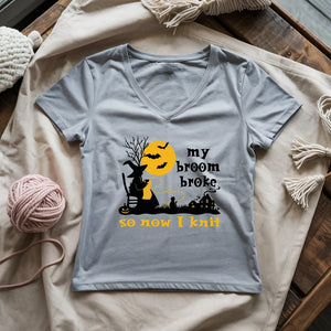 Broom Broke Knitting Witch Lady V-neck