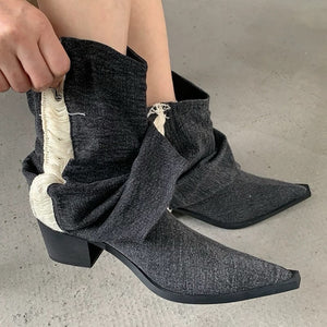 Y2K Style Distressed Black Denim Boots