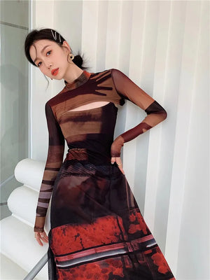 Crop Top & Mesh Midi Dress Two Piece Set