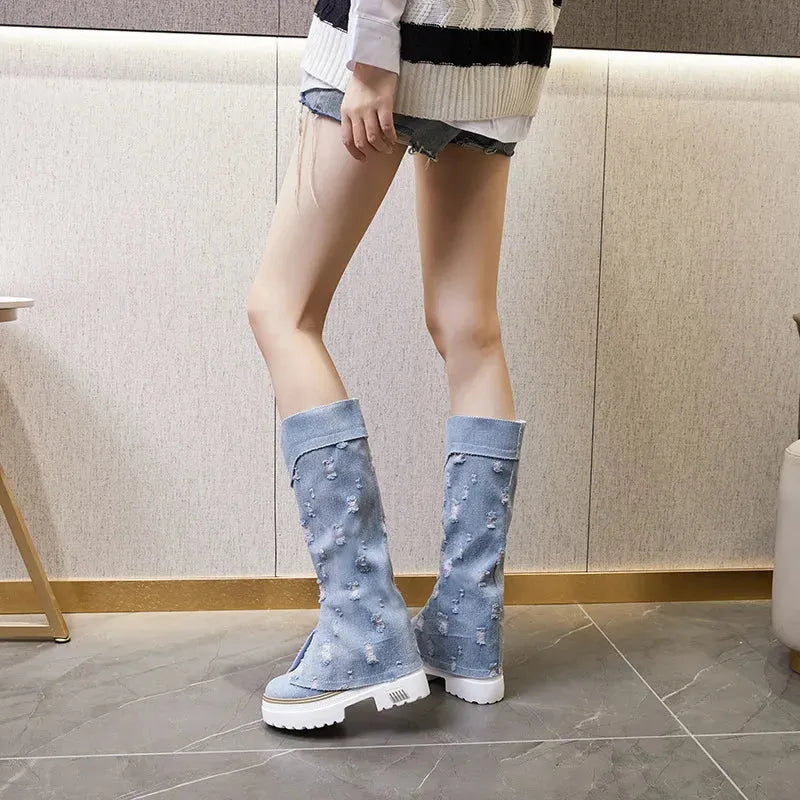Distressed Denim Boots