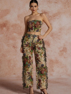 Floral Tapestry Bustier & Pants Two Piece Set