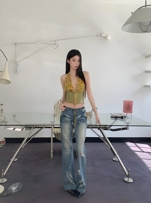 Floral Tie Front Halter Crop Top