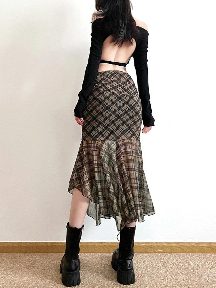Grunge Plaid Mesh Midi Skirt
