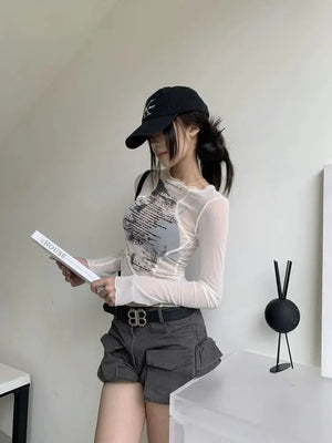 Text Print Sheer Mesh Top