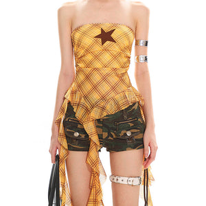 Y2K Star Plaid Asymmetric Tube Top