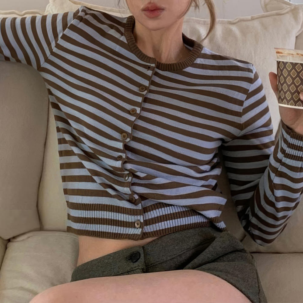 Brown & Blue Striped Button-Up Cardigan