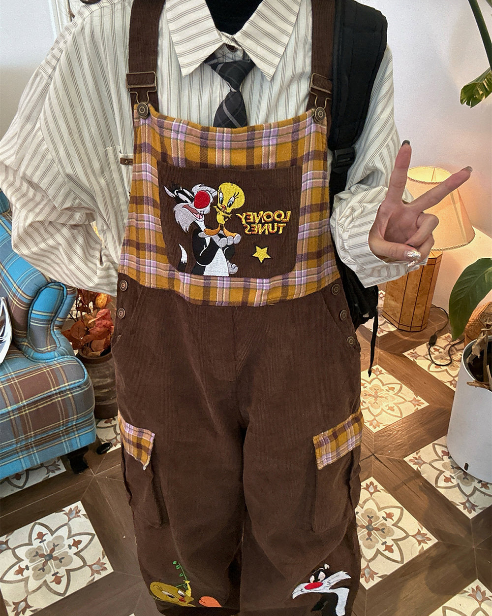 Brown Corduroy 90s Cartoon Dungarees
