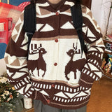Brown Reindeer Knit Hooded Cardigan