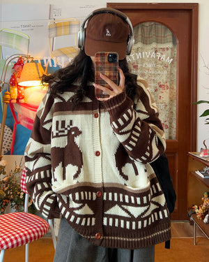 Brown Reindeer Knit Hooded Cardigan