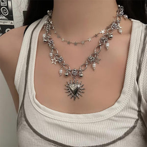 Burning Heart Grunge Chain Necklace