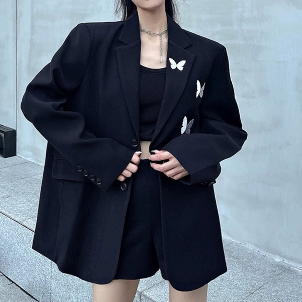 Butterfly Embroidery Black Blazer