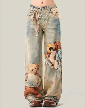 Cute Bears Print Baggy Jeans