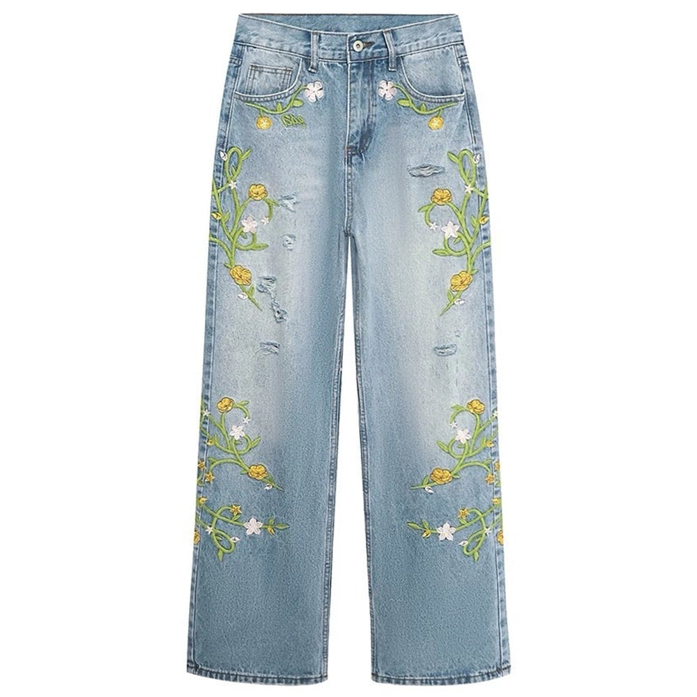 Floral Vine Fairycore Embroidery Jeans