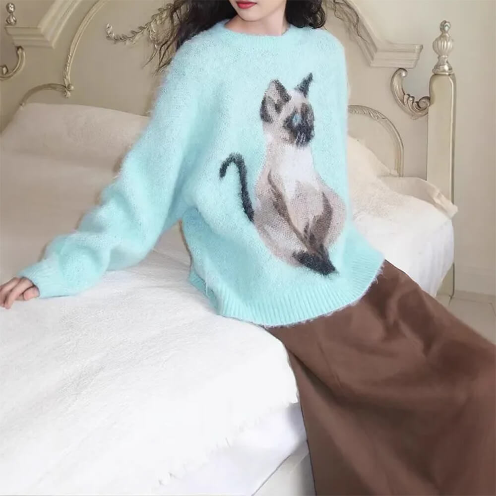 Fluffy Siamese Cat Print Jumper