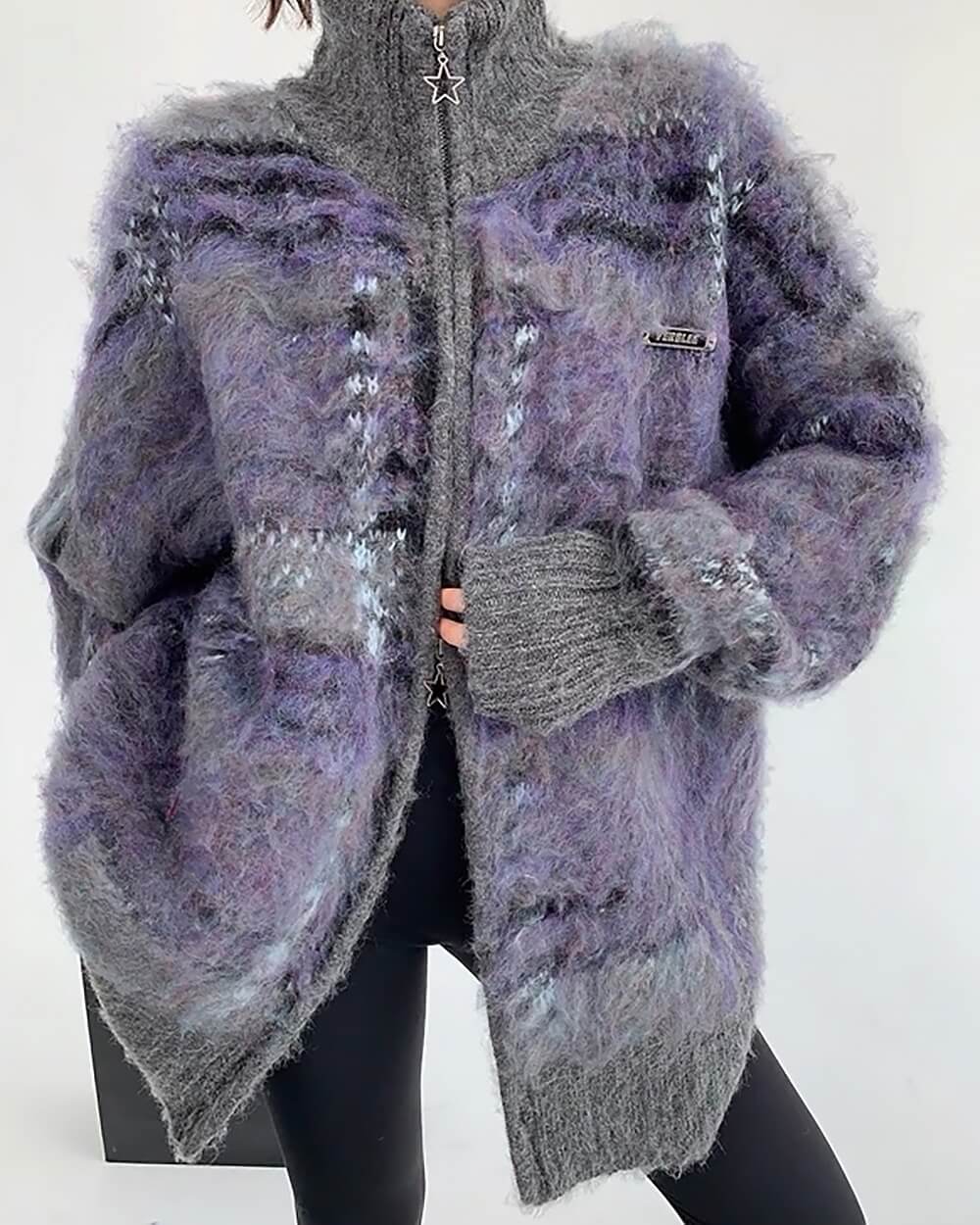 Indie Kid Fuzzy Plaid Zip Up Sweater