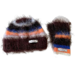 Fuzzy Striped Beanie Hat & Gloves Set
