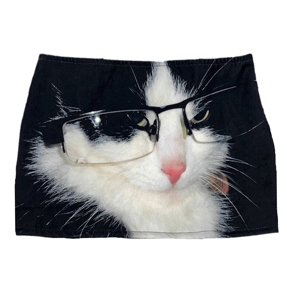 Glasses Cat Print Micro Skirt