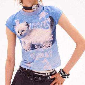 Kitten Print Y2K Baby Tee