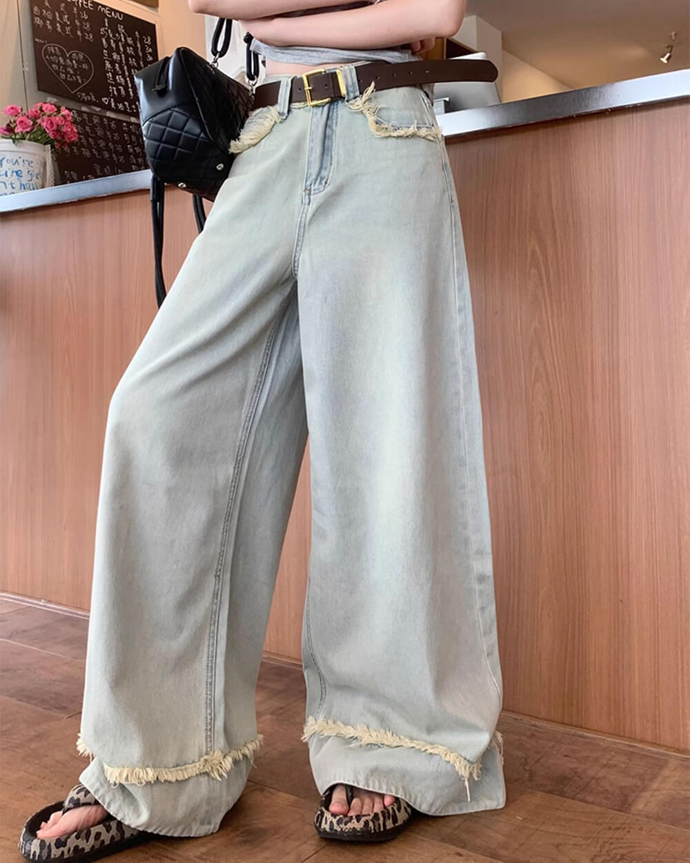 Light Blue Frayed Wide-Leg Jeans