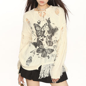 Oversized Ripped Sweater with Butterfly Print