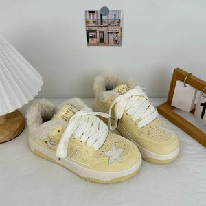 Pastel Yellow Star Fur-Lined Sneakers