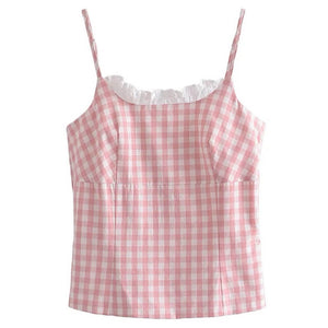 Pink Gingham Lace Trim Cami Top
