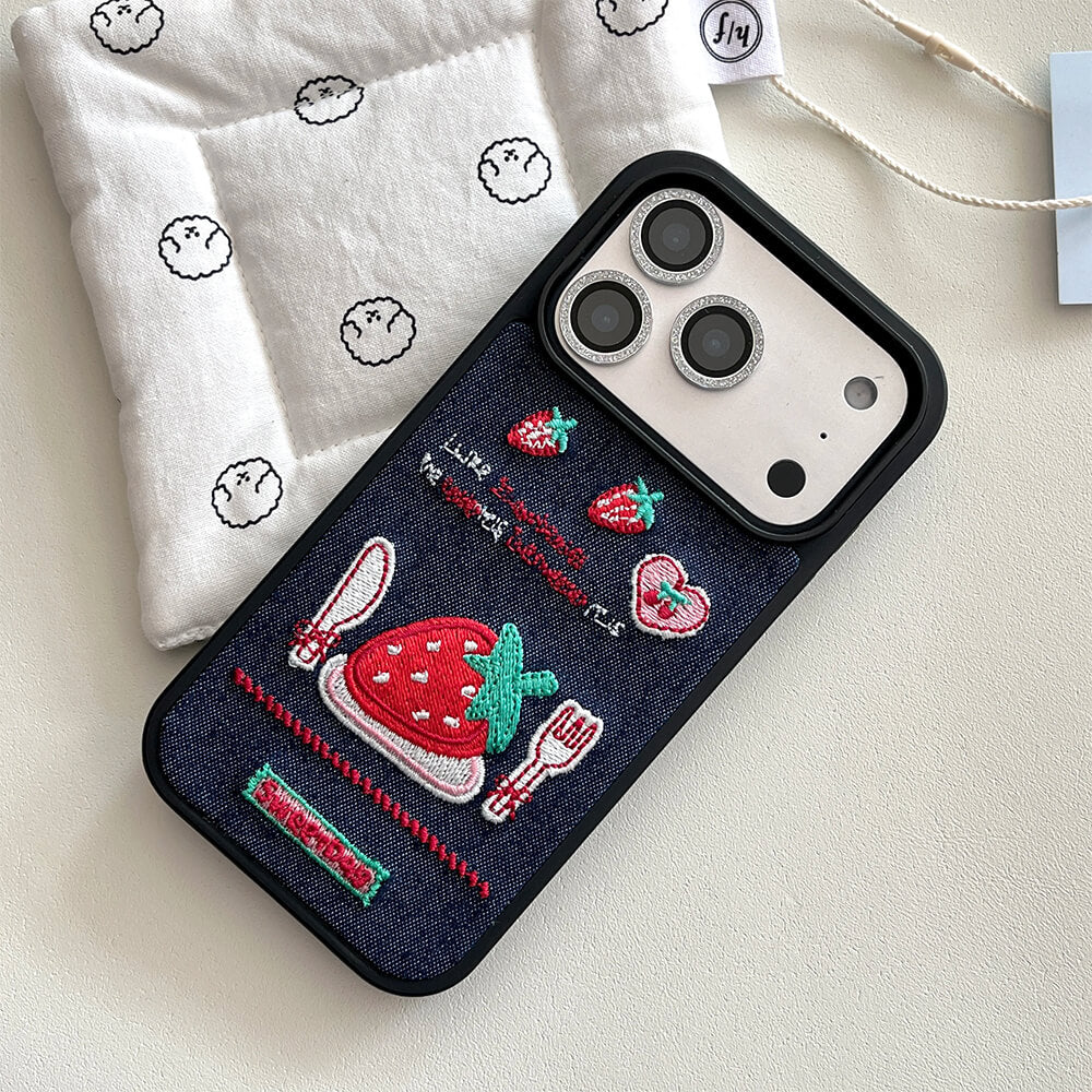 Strawberry Embroidery Denim iPhone Case
