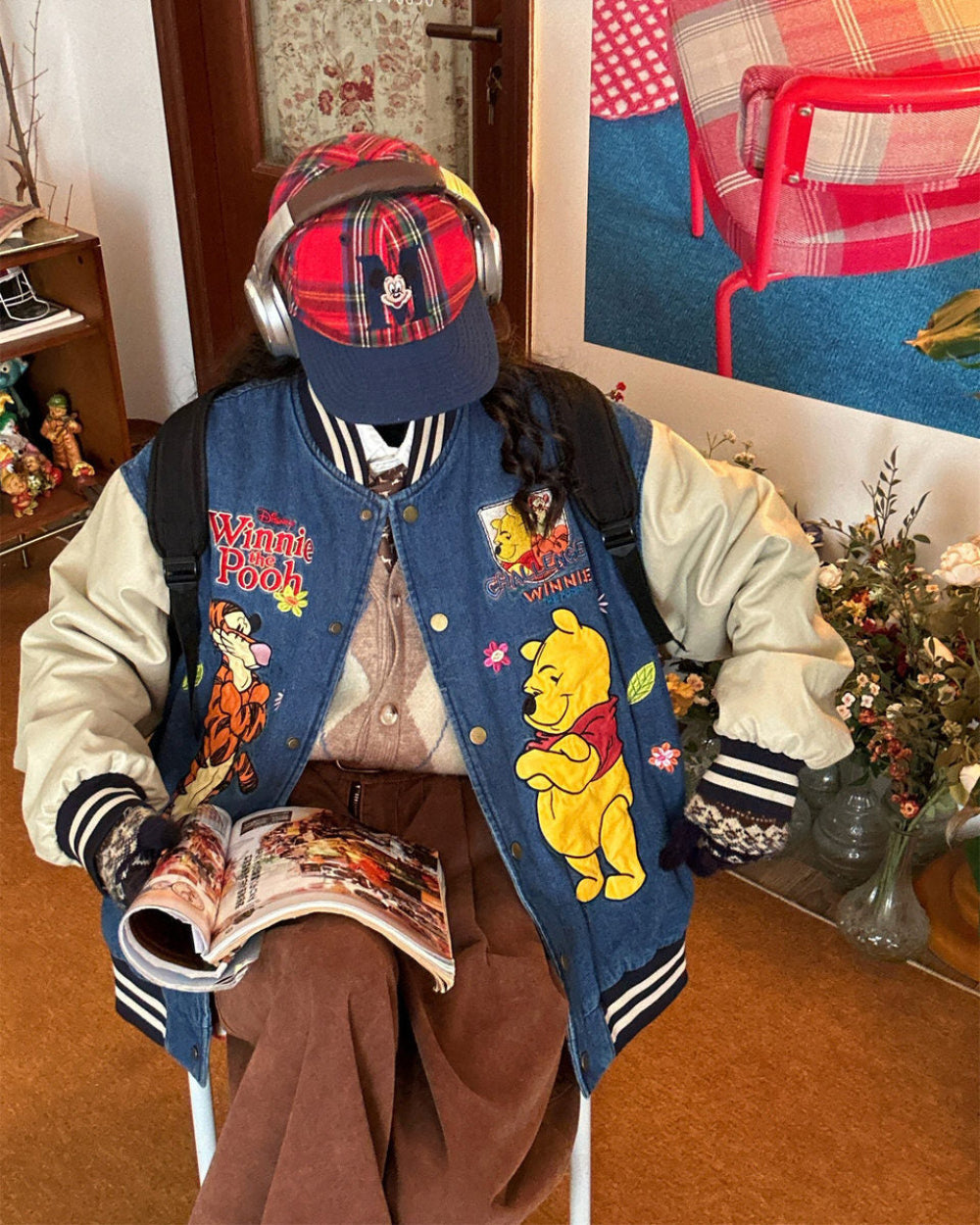 Cartoon Embroidery Denim Bomber Jacket