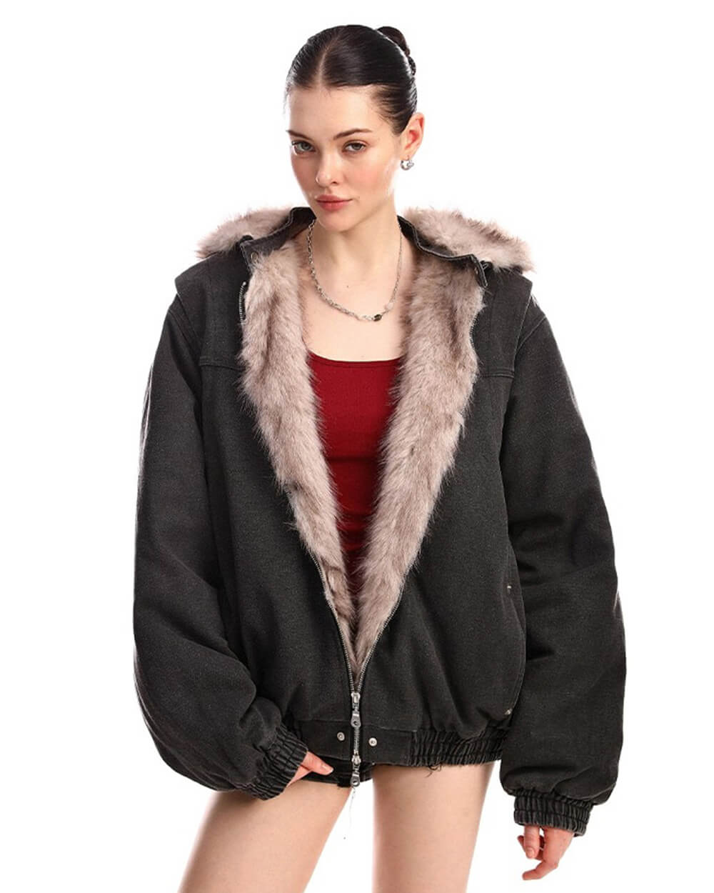 Y2K Faux Fur Bomber Jacket
