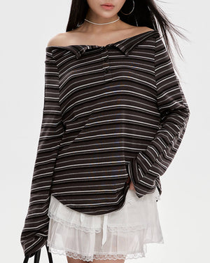 Y2K Off-Shoulder Henley Longsleeve